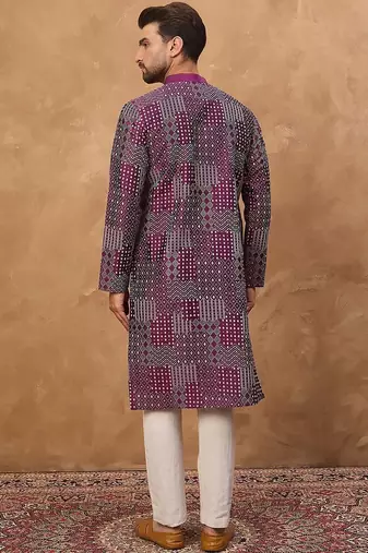 Men purple silk blend geometric printed straight kurta with pant set