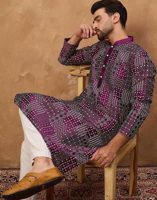 Men purple silk blend geometric printed straight kurta with pant set 3
