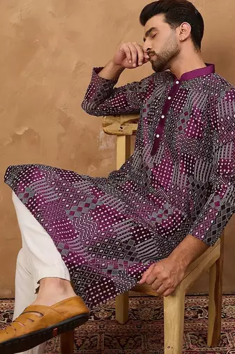 Men purple silk blend geometric printed straight kurta with pant set