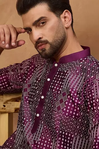 Men purple silk blend geometric printed straight kurta with pant set