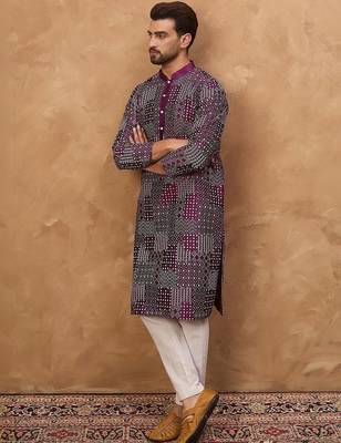 Men purple silk blend geometric printed straight kurta with pant set 5