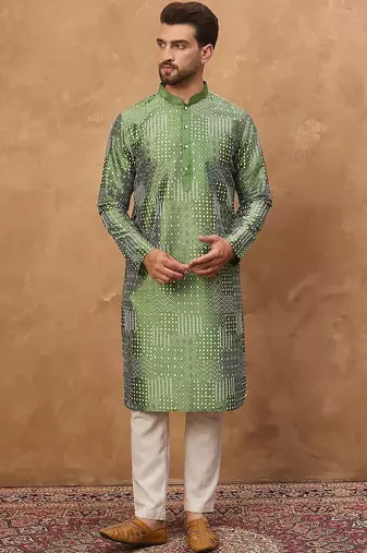 Men green silk blend geometric printed straight kurta with pant set