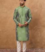 Men green silk blend geometric printed straight kurta with pant set