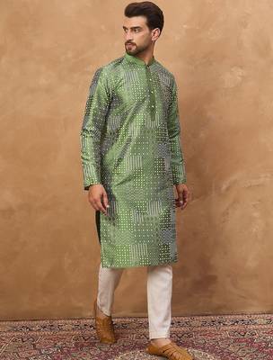 Men green silk blend geometric printed straight kurta with pant set 3