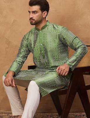 Men green silk blend geometric printed straight kurta with pant set 5