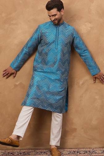 Men blue silk blend geometric printed straight kurta with pant set