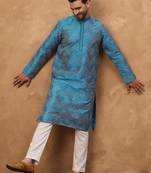 Men blue silk blend geometric printed straight kurta with pant set