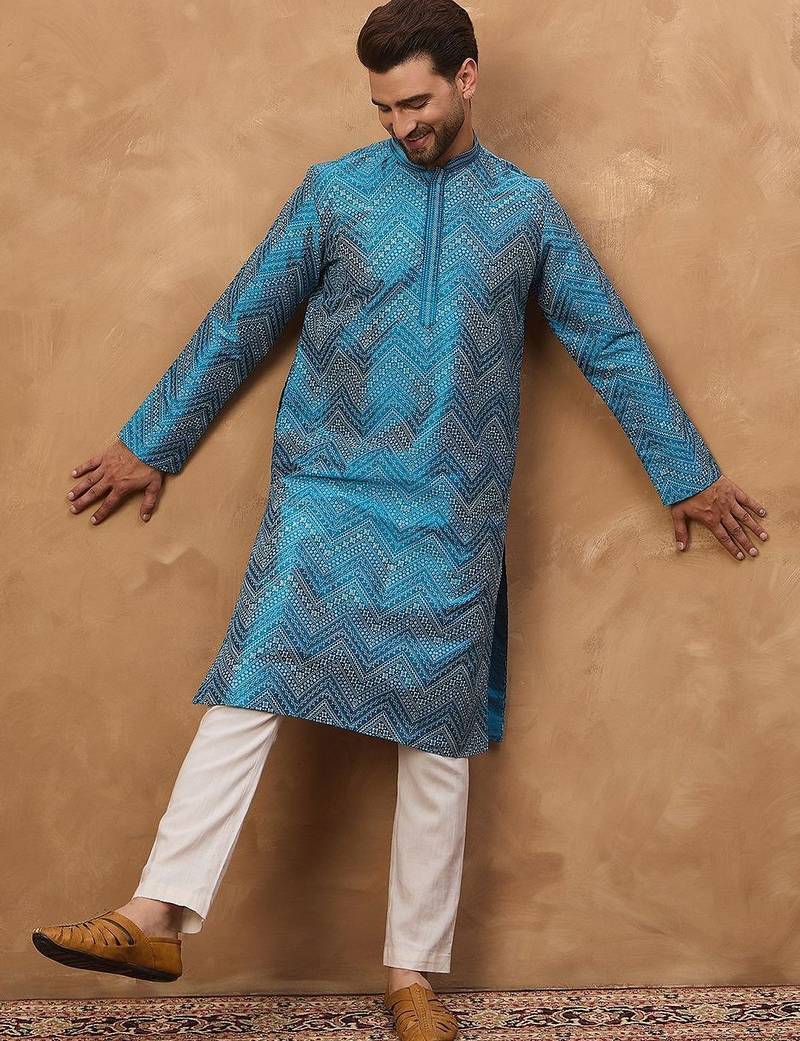 Men blue silk blend geometric printed straight kurta with pant set