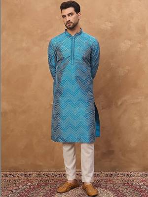 Men blue silk blend geometric printed straight kurta with pant set 2