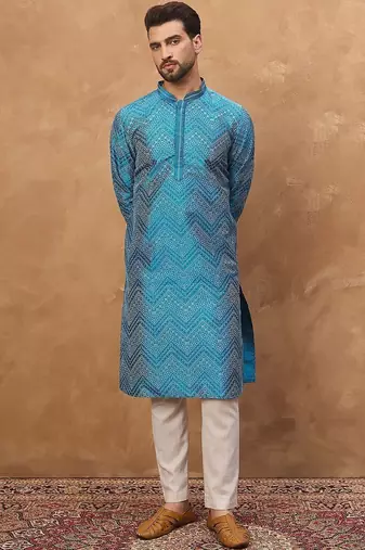 Men blue silk blend geometric printed straight kurta with pant set