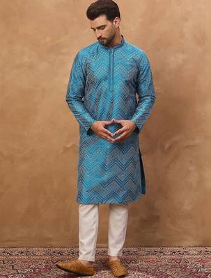 Men blue silk blend geometric printed straight kurta with pant set 3