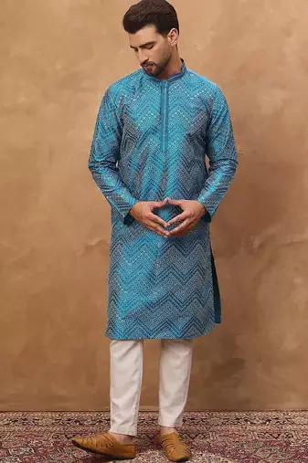 Men blue silk blend geometric printed straight kurta with pant set