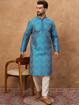 Men blue silk blend geometric printed straight kurta with pant set 4