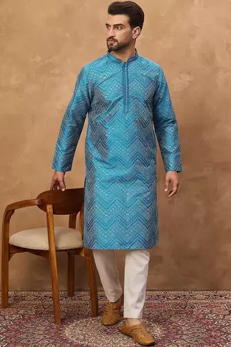 Men blue silk blend geometric printed straight kurta with pant set