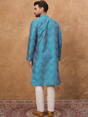 Men blue silk blend geometric printed straight kurta with pant set 5