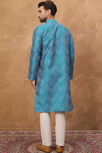 Men blue silk blend geometric printed straight kurta with pant set