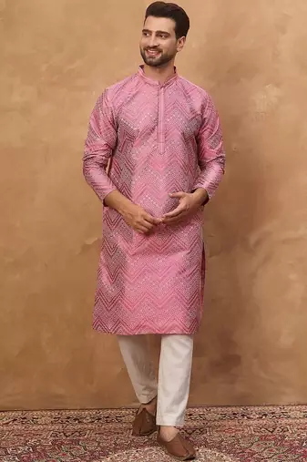 Men pink silk blend geometric printed straight kurta with pant set