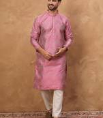 Men pink silk blend geometric printed straight kurta with pant set