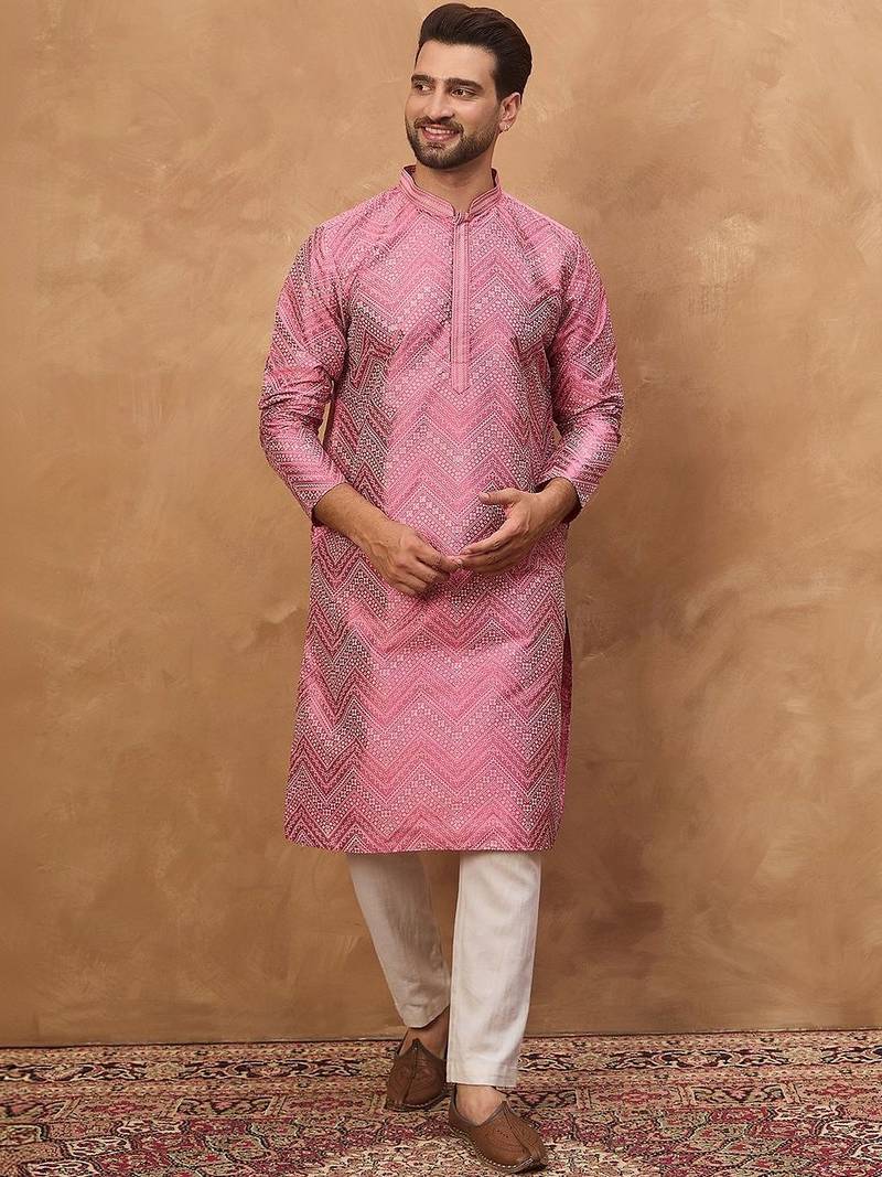 Men pink silk blend geometric printed straight kurta with pant set