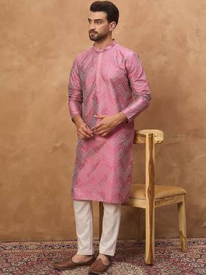 Men pink silk blend geometric printed straight kurta with pant set 2