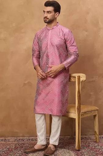 Men pink silk blend geometric printed straight kurta with pant set