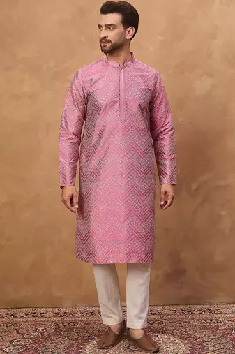 Men pink silk blend geometric printed straight kurta with pant set