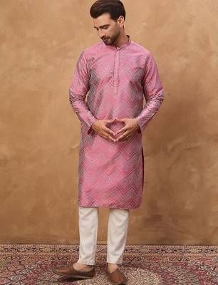 Men pink silk blend geometric printed straight kurta with pant set 4