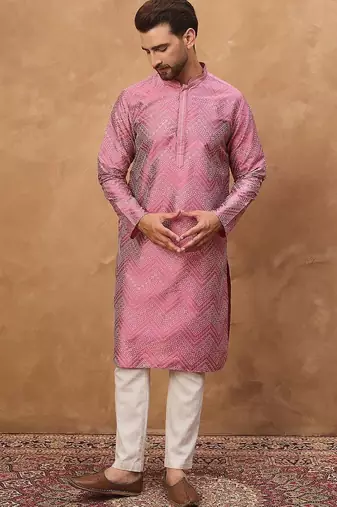 Men pink silk blend geometric printed straight kurta with pant set