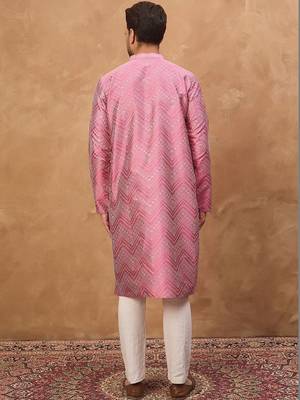 Men pink silk blend geometric printed straight kurta with pant set 5
