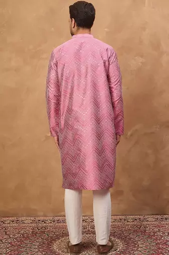 Men pink silk blend geometric printed straight kurta with pant set