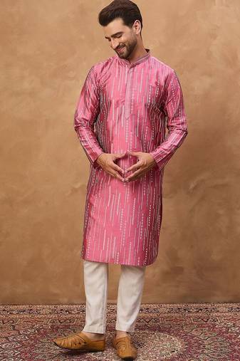 Men pink silk blend geometric printed straight kurta with pant set