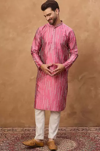 Men pink silk blend geometric printed straight kurta with pant set