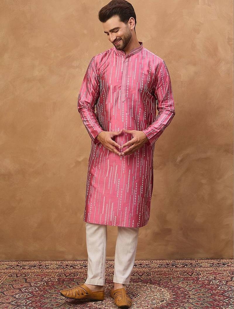 Men pink silk blend geometric printed straight kurta with pant set