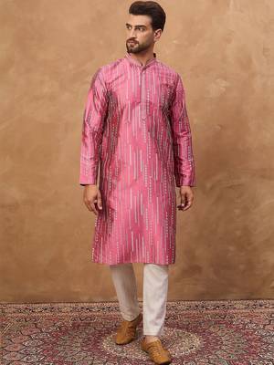 Men pink silk blend geometric printed straight kurta with pant set 2