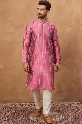 Men pink silk blend geometric printed straight kurta with pant set