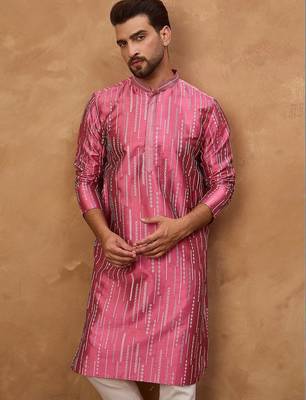 Men pink silk blend geometric printed straight kurta with pant set 3