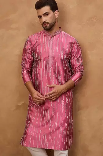 Men pink silk blend geometric printed straight kurta with pant set