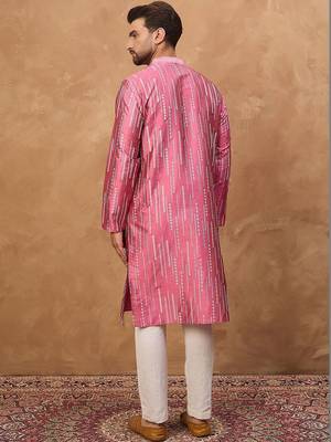 Men pink silk blend geometric printed straight kurta with pant set 4