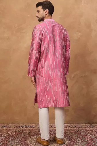 Men pink silk blend geometric printed straight kurta with pant set