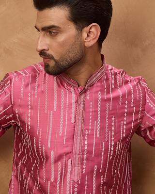 Men pink silk blend geometric printed straight kurta with pant set 5