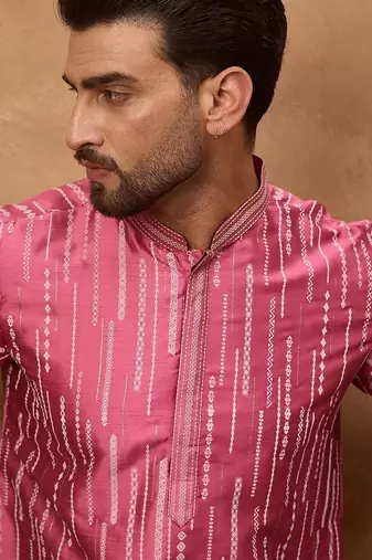 Men pink silk blend geometric printed straight kurta with pant set