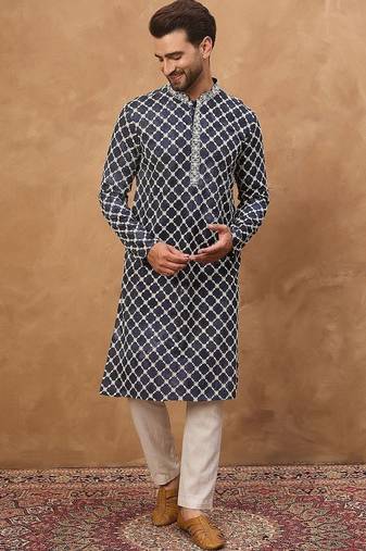Men blue viscose rayon shibori embroidered straight kurta with pant set