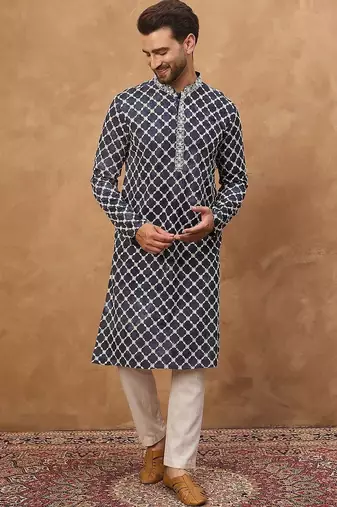 Men blue viscose rayon shibori embroidered straight kurta with pant set