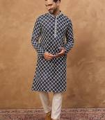 Men blue viscose rayon shibori embroidered straight kurta with pant set