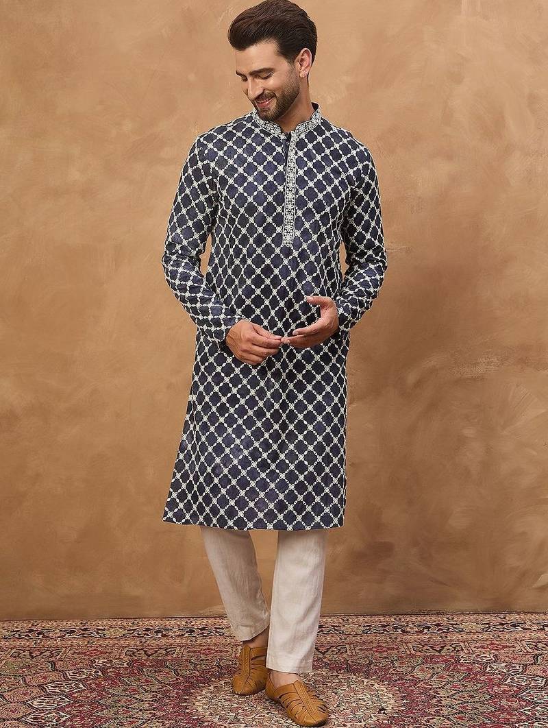 Men blue viscose rayon shibori embroidered straight kurta with pant set