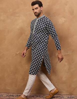 Men blue viscose rayon shibori embroidered straight kurta with pant set 2