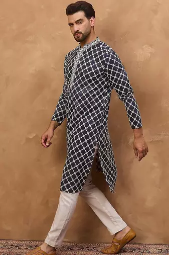 Men blue viscose rayon shibori embroidered straight kurta with pant set