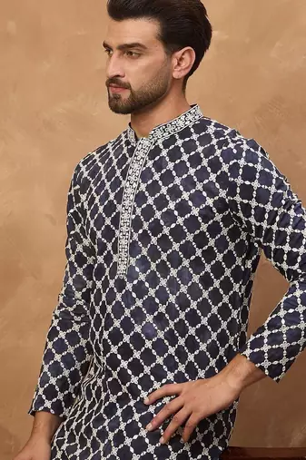 Men blue viscose rayon shibori embroidered straight kurta with pant set