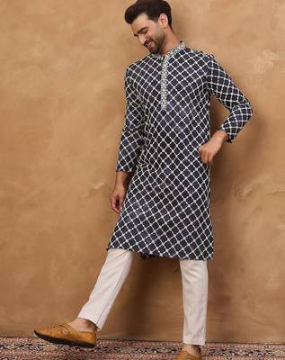 Men blue viscose rayon shibori embroidered straight kurta with pant set 4