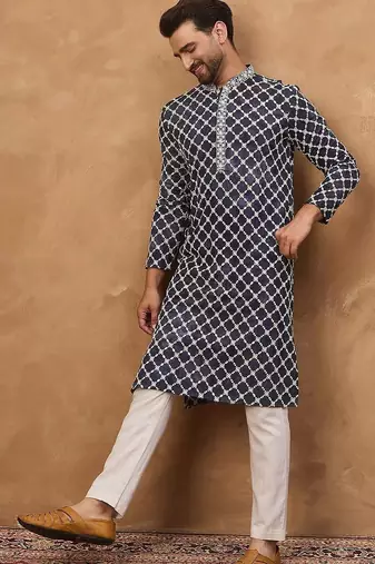 Men blue viscose rayon shibori embroidered straight kurta with pant set